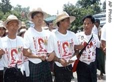 Prominent activists from 88 Generation Students group, Ko Ko Gyi (l), Min Ko Naing (second from left), and Htay Kywe (thrid from left), May 2007