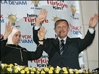 Prime Minister Recep Tayyip Erdogan (right) and his wife Emine greet supporters in Ankara