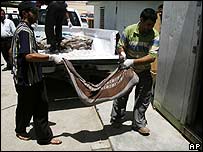 The body of one of those killed in the air strike is taken into a morgue
