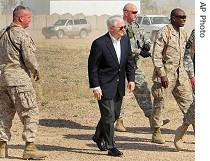 US Defense Secretary Robert Gates in suit at Camp Falluja, Iraq